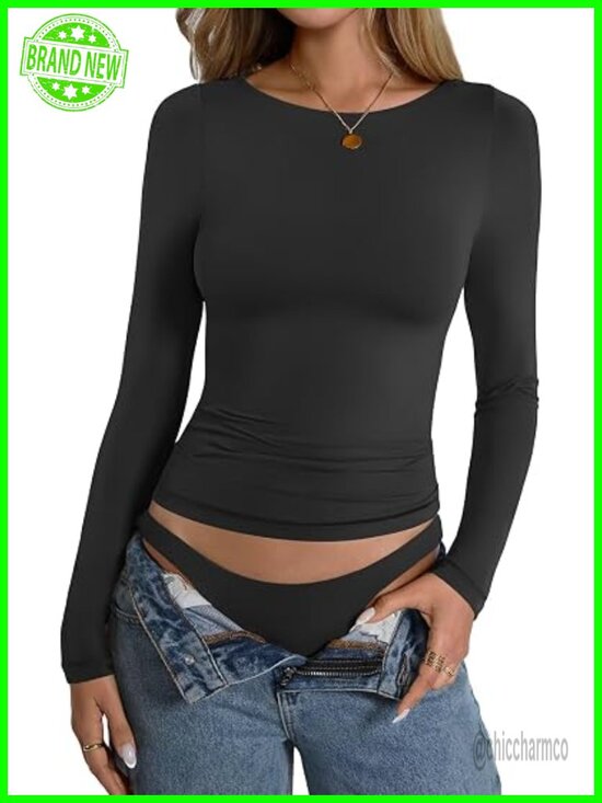 Tops - Double Lined Long Sleeve Boat Neck Tops Slim Fitted Tees Going Out Tops